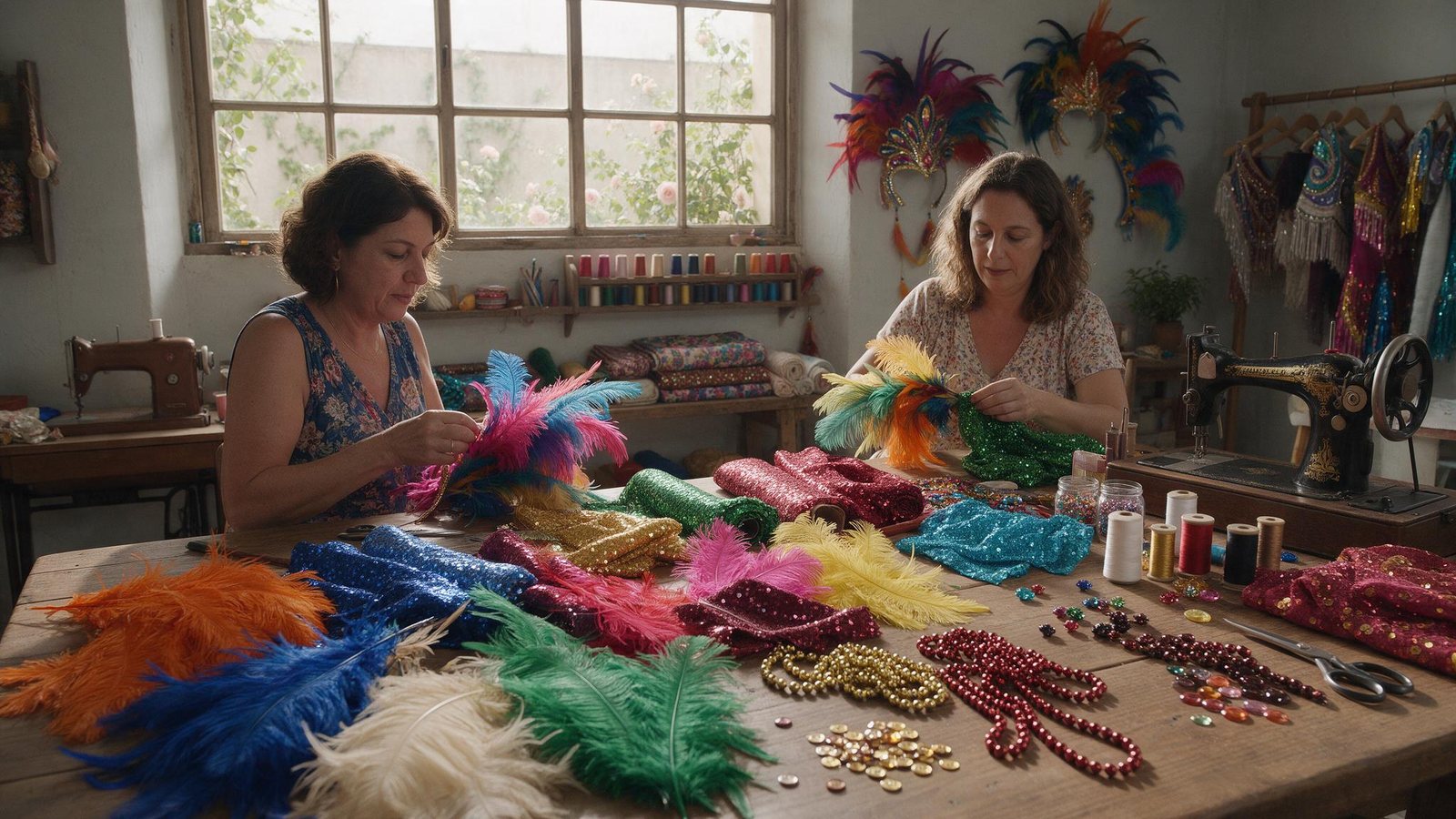 Ateliê de fantasias de carnaval com plumas, tecidos de paetê e miçangas sendo reaproveitados sobre a mesa de trabalho