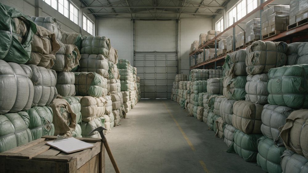 Vista aérea de um pátio industrial com materiais separados por tipo para reaproveitamento