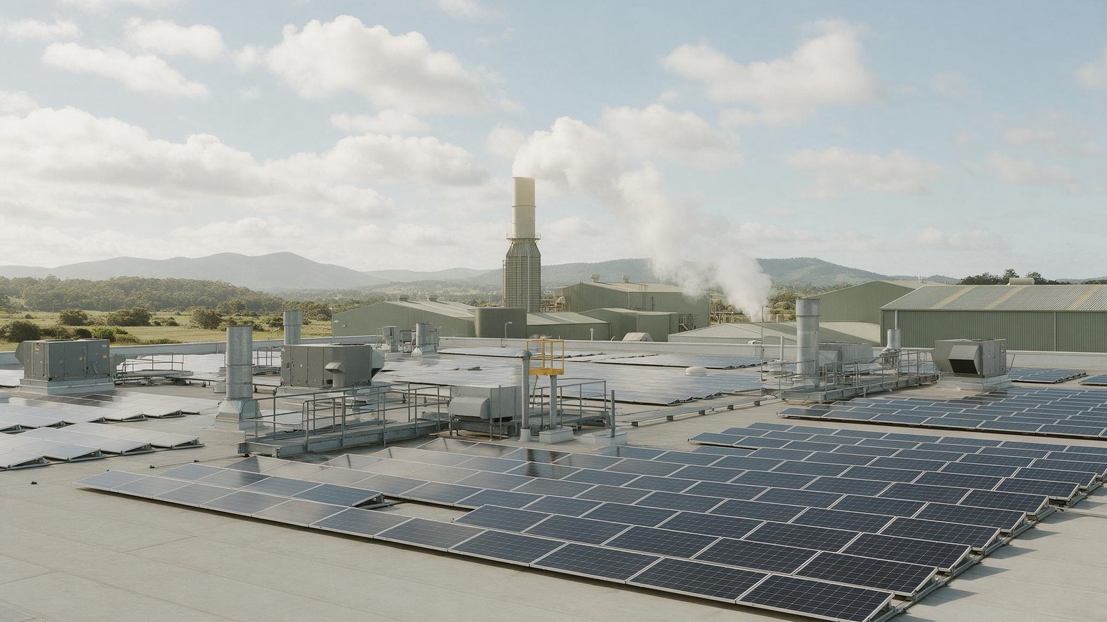 Cobertura de planta industrial tomada por painéis solares, com vapor branco ao fundo e céu aberto