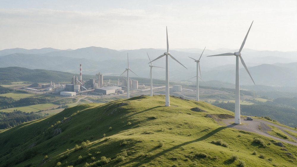 Chaminés industriais ao entardecer, com vapor se dissipando no céu