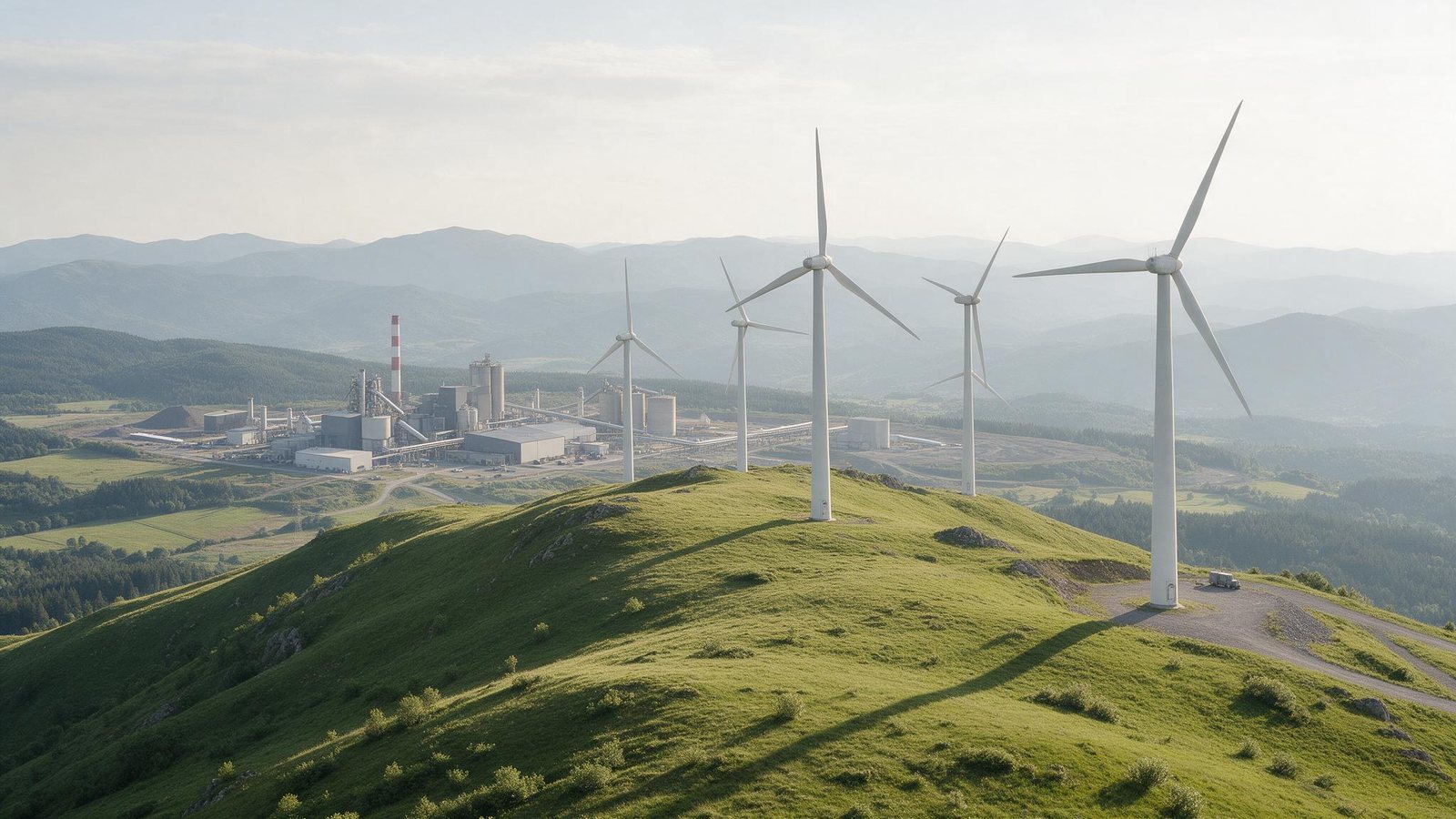 Turbinas eólicas sobre uma serra verde, com um complexo industrial no vale ao fundo