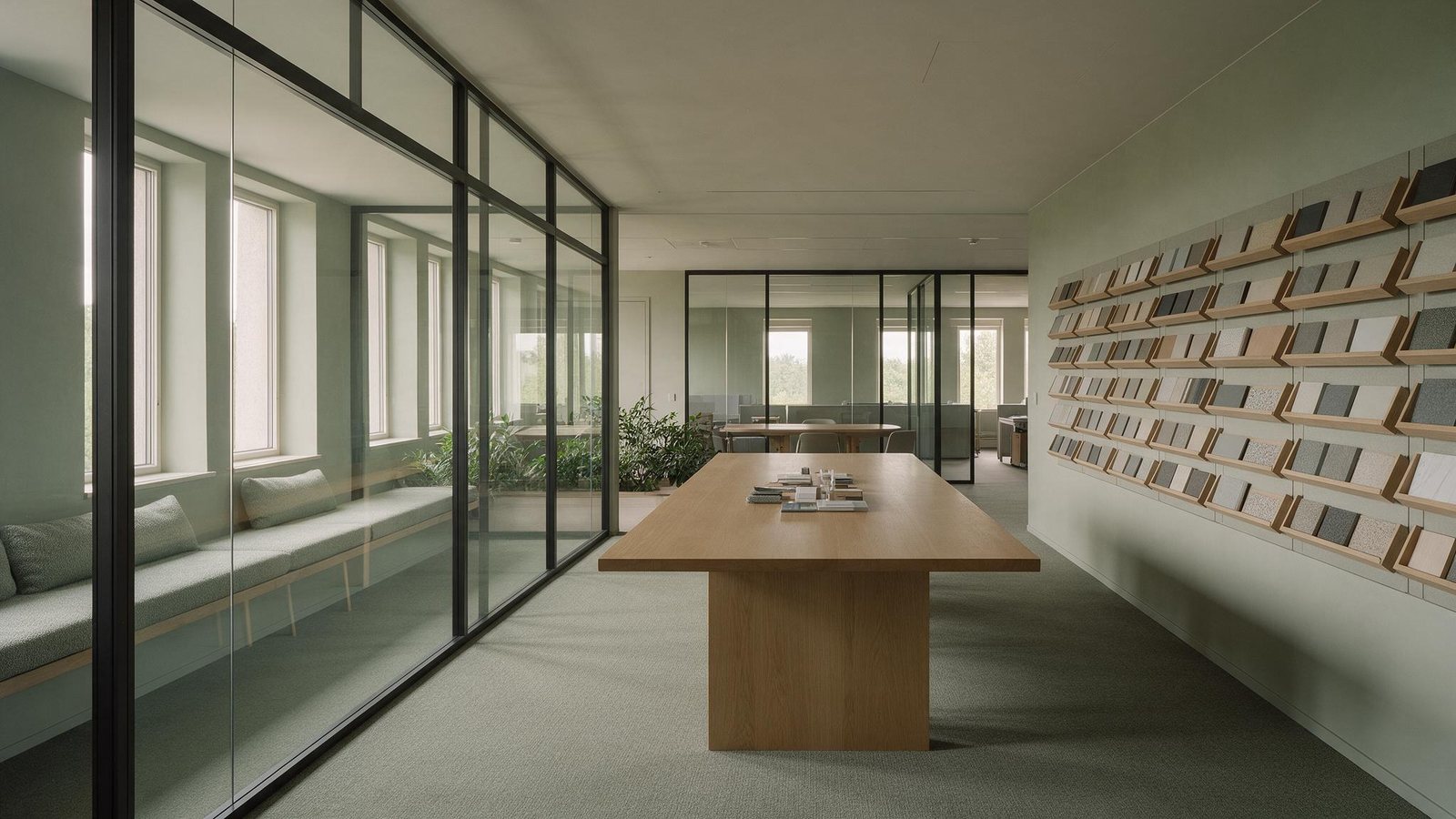 Interior de escritório com mesa longa, divisórias de vidro e um painel de amostras de materiais junto às plantas