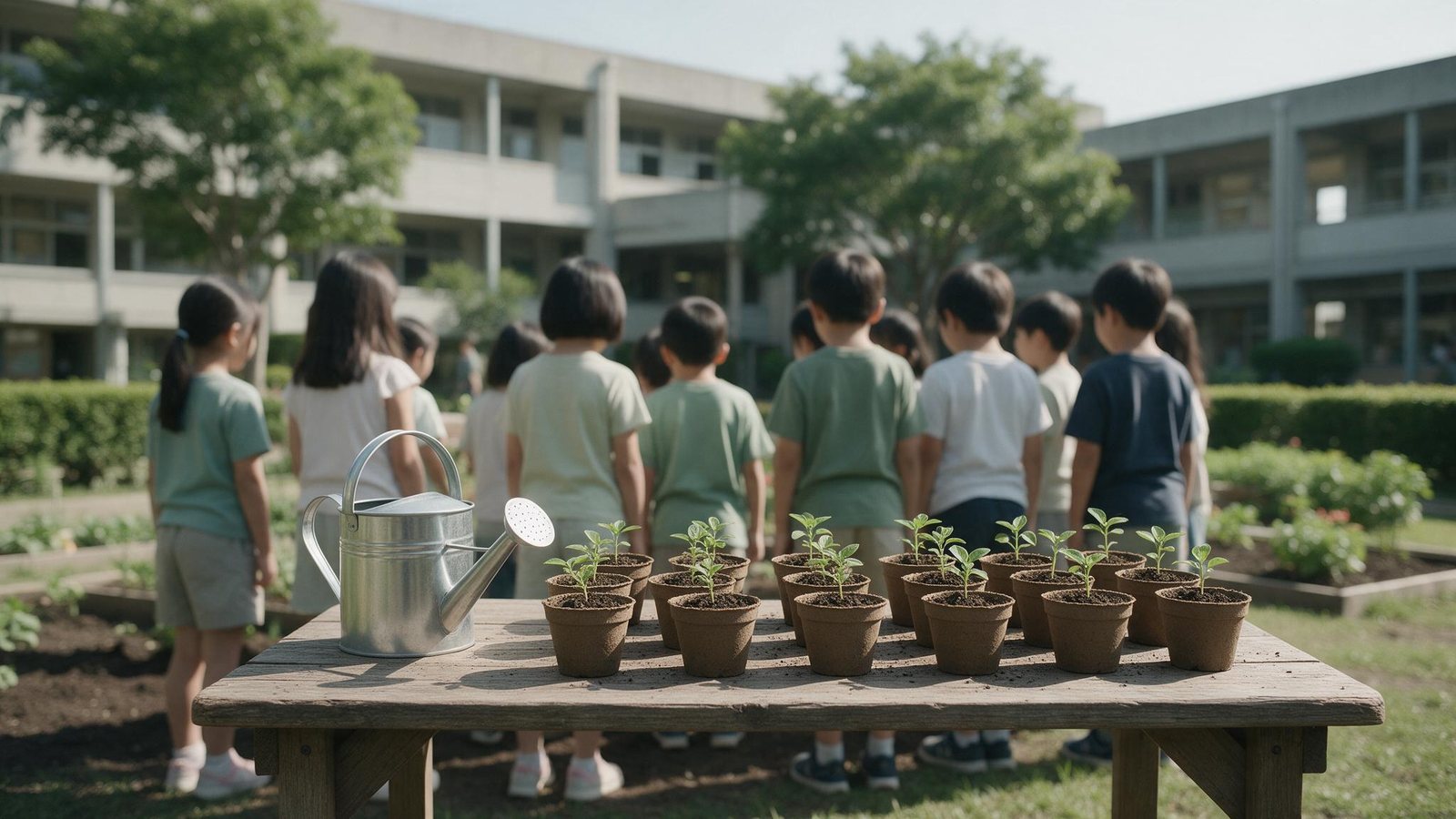 Atividade escolar de educação ambiental ao ar livre, com mudas em vasos pequenos sobre a mesa e um regador