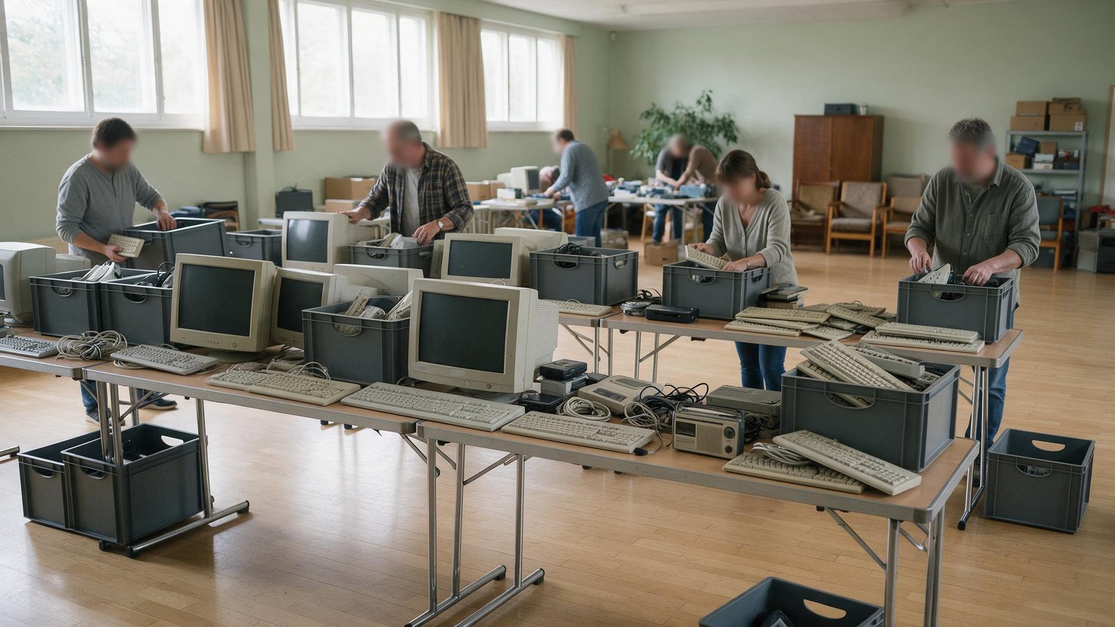 Voluntários separando aparelhos eletrônicos doados em caixas, sobre mesas de apoio num salão comunitário iluminado