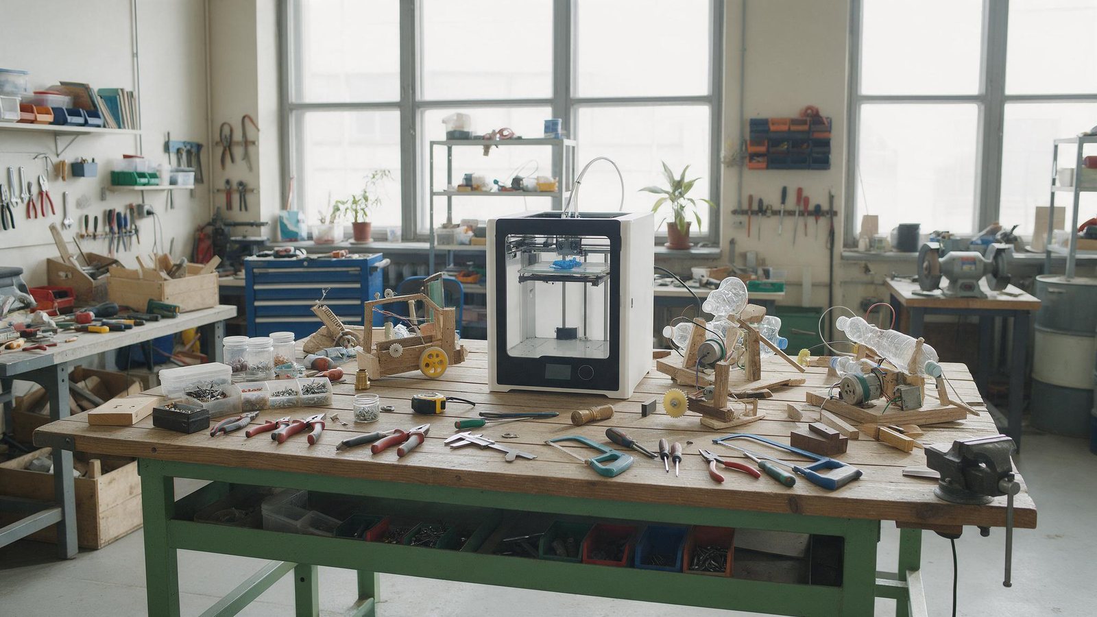 Bancada de laboratório de inovação com ferramentas manuais, impressora 3D e protótipos feitos de materiais reaproveitados
