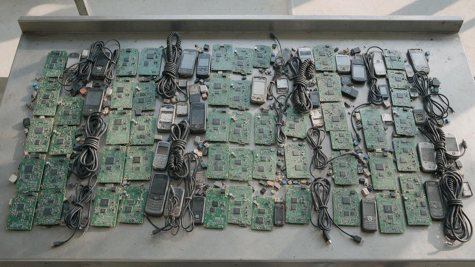 Placas de circuito, telefones antigos e cabos dispostos em fileiras ordenadas sobre uma bancada metálica, vistos de cima