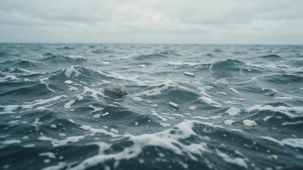 Ondas do oceano cobertas por fragmentos de plástico, vistas de perto