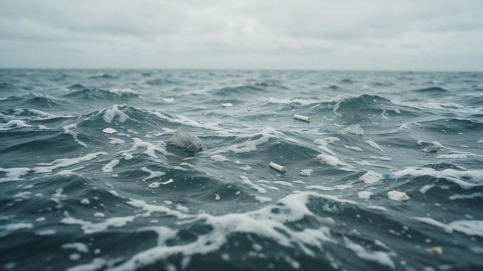 Superfície do oceano vista de perto, com fragmentos de plástico desgastado à deriva entre as ondas