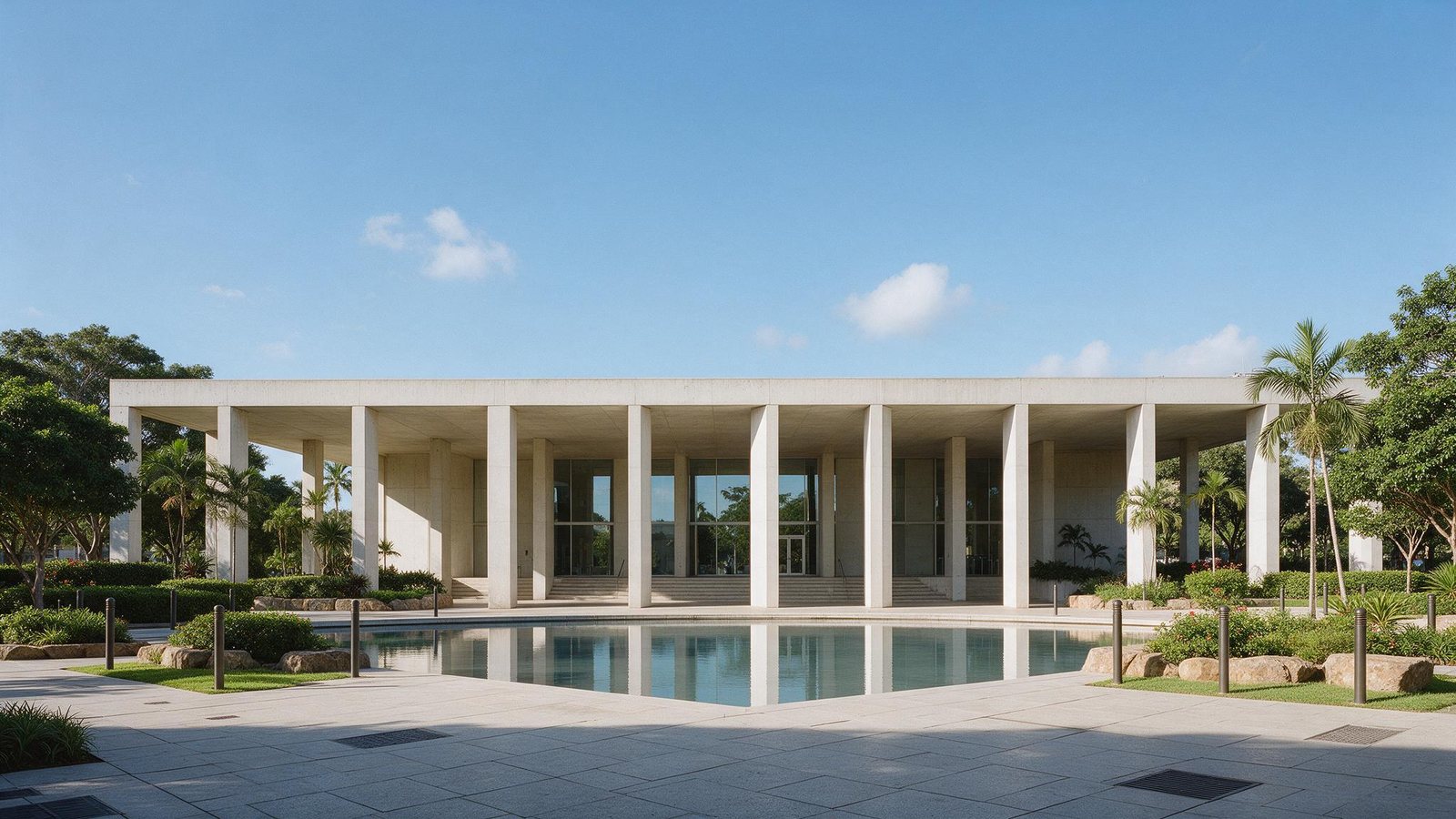 Colunata de concreto de arquitetura civil modernista, com espelho d’água e vegetação tropical na borda