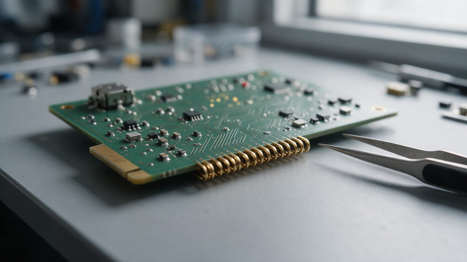 Detalhe aproximado de uma placa de circuito verde com contatos banhados a ouro e uma pinça de precisão ao lado